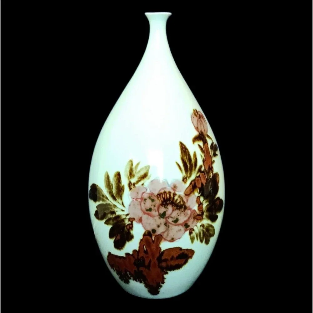 Floral Vase Narrow Neck Japanese Asian Abstract White Pink Flowers 8.5